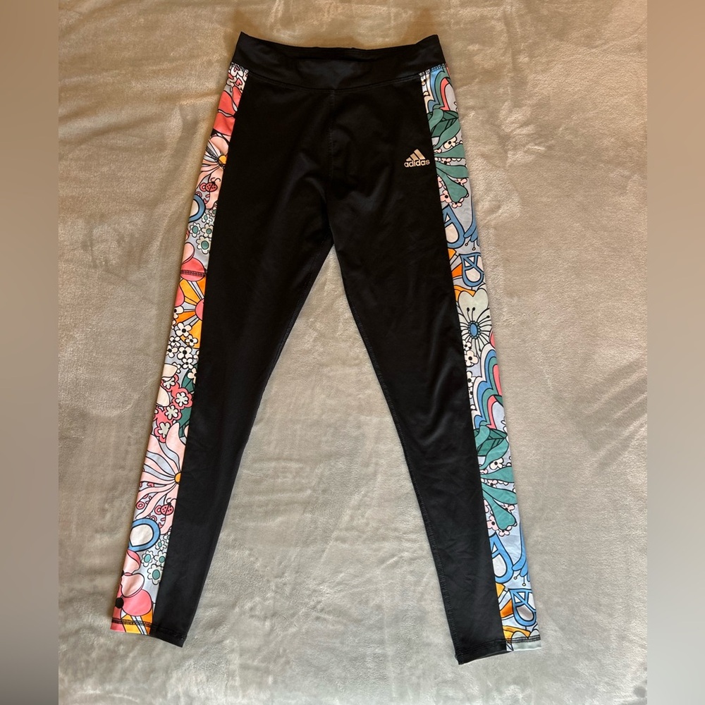 Adidas Kids Black Leggings with Colorful Side Panels Girl’s Size 14